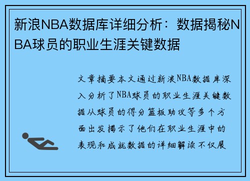 新浪NBA数据库详细分析：数据揭秘NBA球员的职业生涯关键数据